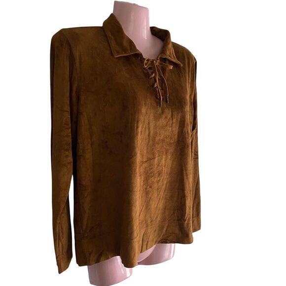 Liz Claiborne Pullover Womens Medium Brown Faux Suede Lace Up Top Long Sleeve - Picture 2 of 7